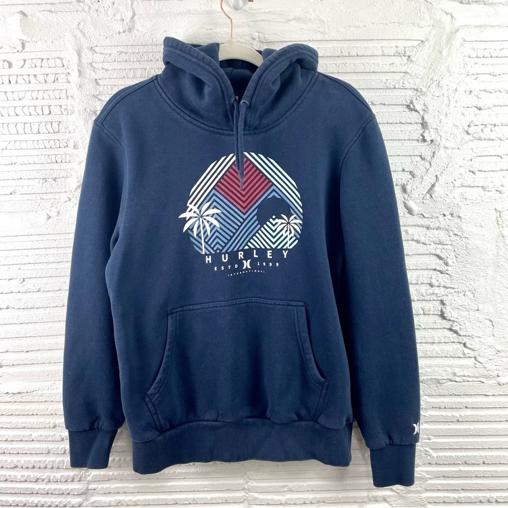 Hurley Hoodie‎ Navy Blue Red White & Blue Tropical Graphic Kangaroo Pocket M